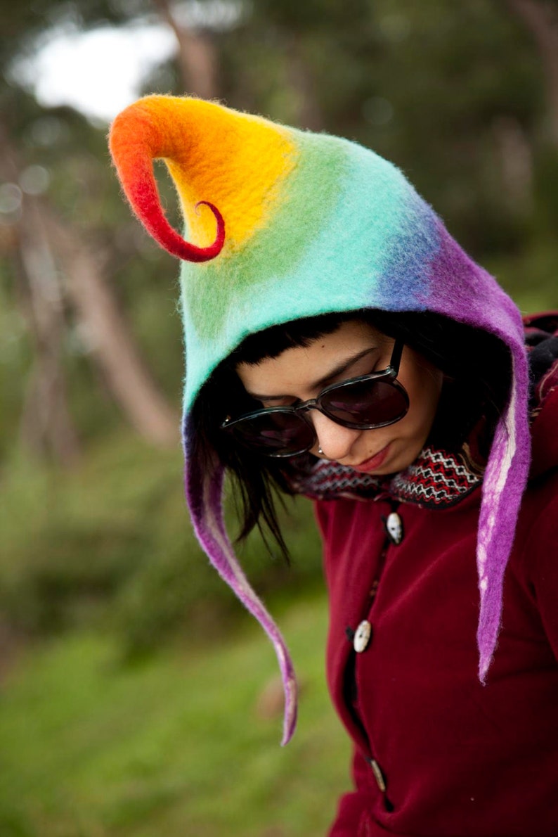 Unique handmade felt hats Rainbow colors Fantastic hat Fairy tale Fantasy winter hat Funky festival hat Forest pixie hat Tęcza