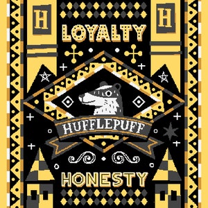 May include: A black and yellow graphic design featuring a badger, the words "Hufflepuff", "Kindness", "Loyalty", "Honesty", and "Patience", and the letters "H" on either side of the word "Loyalty".