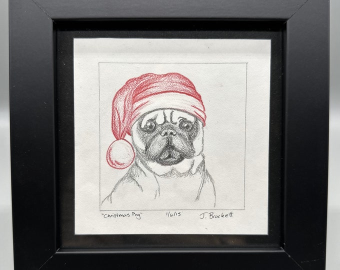 Featured listing image: Pug wearing a Christmas Hat, Colored Pencil Drawing, Original Art, Small Art