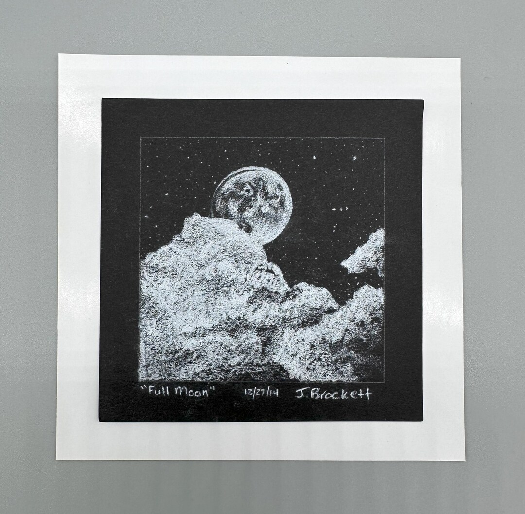 Full Moon, Night Sky, Black and White, Chalk Pastel Drawing, Original