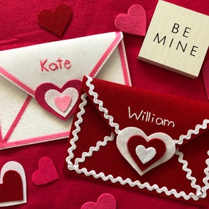 Set of 2 Personalized Large Felt Valentine Envelopes for Kids or Grown Ups-- hand-embroidered name included