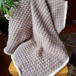 Hand Crochet baby blanket, gender neutral, textured.  Neutral color baby blanket,  beige with cream trim. Reversible blanket. Ready to ship.