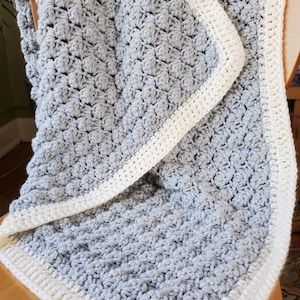 Crochet baby blanket, gender neutral, textured.  Neutral color baby blanket, grey with cream trim. Reversible blanket. Ready to ship.
