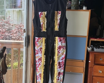 49er denim onesie with gold fringe thingy- crafted in San Francisco by 1Z King- one of a kind