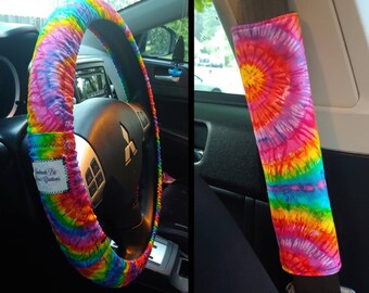 TOADDMOS 11 Piece Rainbow Hippie Tie Dye Car Accessories Set,Steering Wheel Cover with Cute Keyring and Car Seat Headrest Cover,Safety Seat Belt Shoulder Pads,Car Coaster 