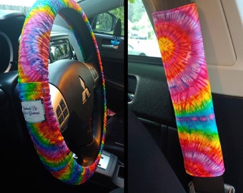 Handmade Rainbow Tie Dye Spirals Car Decor~ Steering Wheel, Seat Belt or Rear View Mirror Cover YOU CHOOSE eb