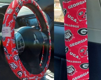 Handmade College Football Red & Black Bulldog Car Decor~ Steering Wheel, Seat Belt or Rear View Mirror Cover YOU CHOOSE hb