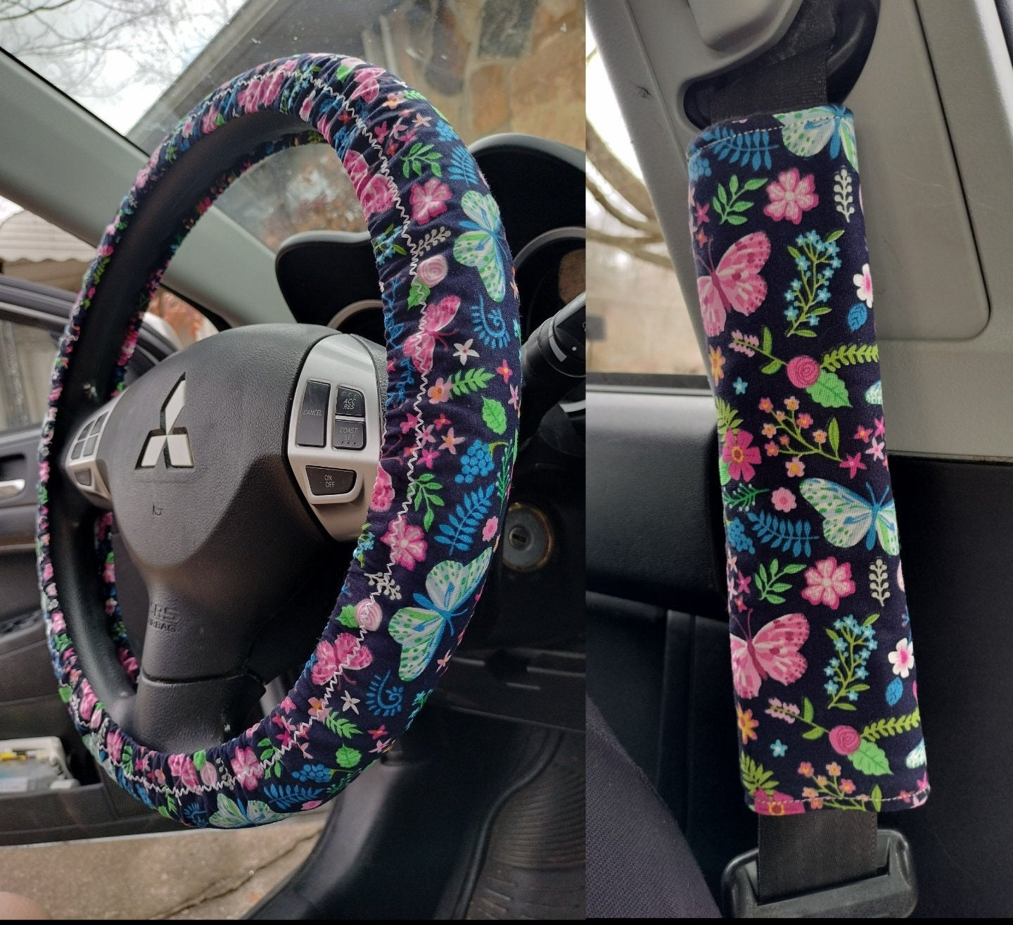 Handmade Flowers & Butterflies Car Decor~ Steering Wheel Cover ~ Seat Belt Covers ~ Rear View Mirror Cover YOU CHOOSE wm