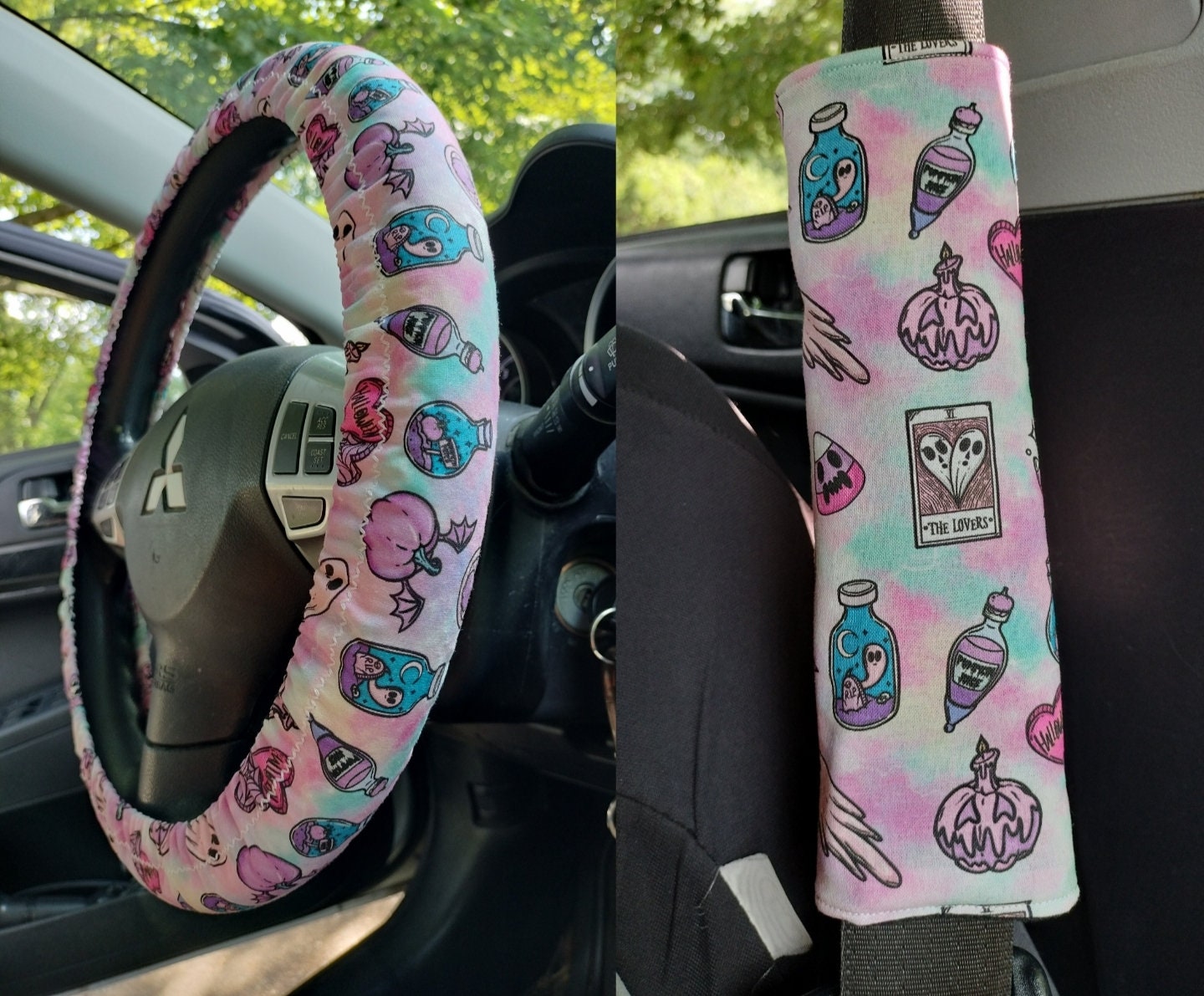 Handmade Cute Witchy Car Decor #1~Steering Wheel, Seat Belt or Rear View Mirror Cover YOU CHOOSE ae