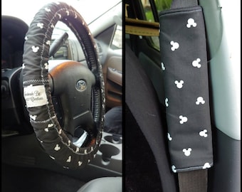 Handmade Black & White Mouse Character Car Decor~ Steering Wheel, Seat Belt or Rear View Mirror Cover YOU CHOOSE wm