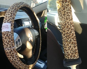Handmade Leopard Animal Print Car Decor~ Steering Wheel, Seat Belt or Rear View Mirror Cover YOU CHOOSE ja