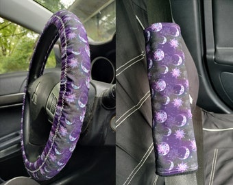 Handmade Purple Sun & Moon Car Decor~Steering Wheel, Seat Belt or Rear View Mirror Cover YOU CHOOSE ae