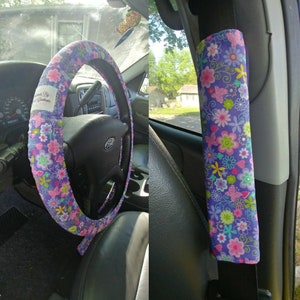Purple w/Flowers, Butterflies & Hearts Car Accessories~ Steering Wheel Cover, Seat Belt Cover,Rear View Mirror  Cover YOU CHOOSE Handmade HL
