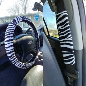 Handmade Zebra Animal Print Car Decor~ Steering Wheel, Seat Belt or Rear View Mirror Cover YOU CHOOSE ja