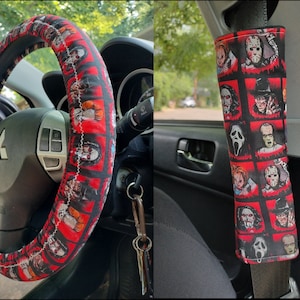 Handmade Horror Lovers Killers Car Decor #1~ Steering Wheel, Seat Belt or Rear View Mirror Cover YOU CHOOSE ae