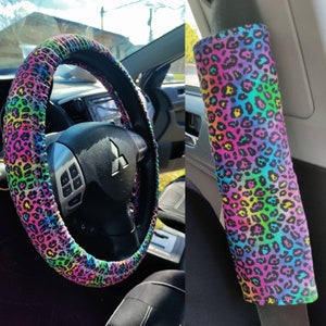 Handmade Colorful Cheetah Print Animal Print Car Decor~ Steering Wheel,Seat Belt, or Rear View Mirror Cover YOU CHOOSE eb