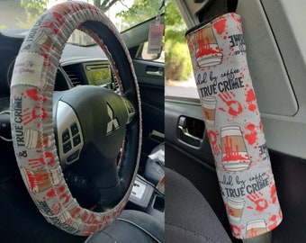Handmade Fueled by Coffee & True Crime Car Decor~Steering Wheel, Seat Belt or Rear View Mirror Cover YOU CHOOSE ae