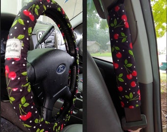 Handmade Red Cherries Car Decor~ Steering Wheel, Seat Belt or Rear View Mirror Cover YOU CHOOSE ja