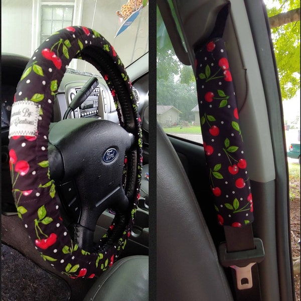 Handmade Red Cherries Car Decor~ Steering Wheel, Seat Belt or Rear View Mirror Cover YOU CHOOSE ja