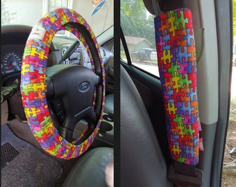 Handmade Autism Awareness Puzzle Piece Car Decor~ Steering Wheel, Seat Belt or Rear View Mirror Cover YOU CHOOSE ja