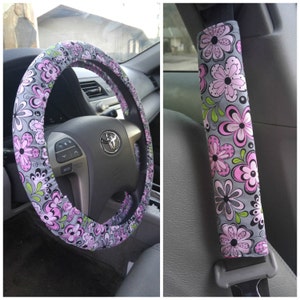Handmade Grey W/Pink Flowers Car Decor~ Steering Wheel, Seat Belt, or Rear View Mirror Cover YOU CHOOSE hl