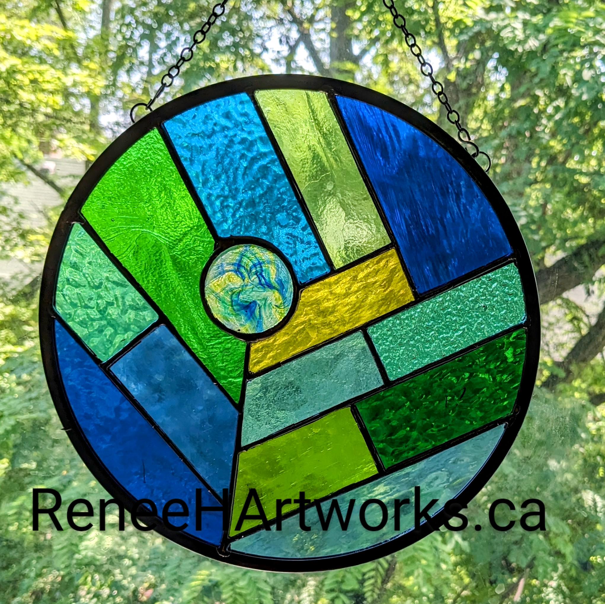 Blues, Greens and Yellow Stained Glass Hanging Panel ~26.5 Cm (~10