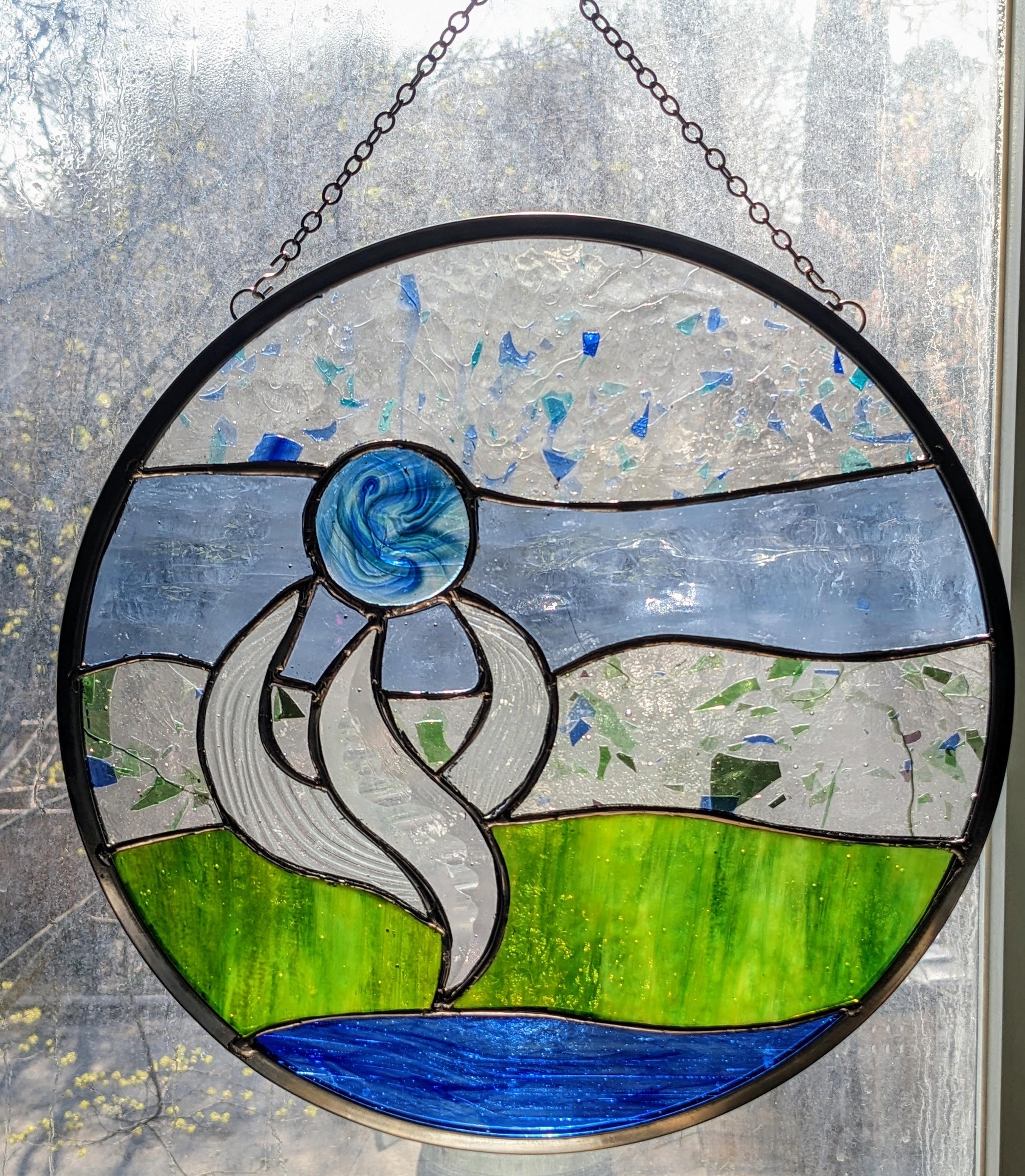 Mame Stained Glass Printed Top ブルー グリーン Blue Green Flower Stained Glass Hanging Panel 30 Cm (12