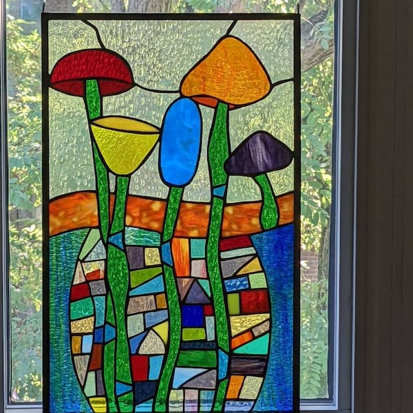 Hundertwasser inspired whimsical, multicolor, mushrooms #3 stained glass window/panel