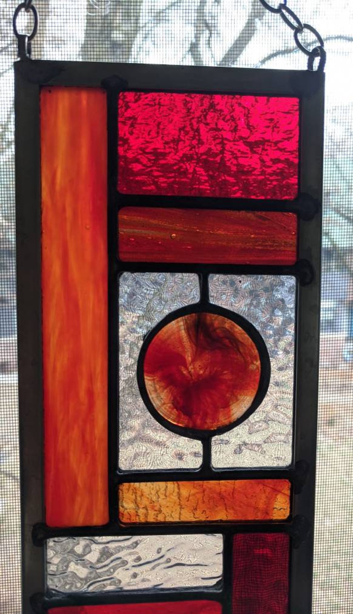 STAINED GLASS PANEL red window glass art home decor home and Etsy