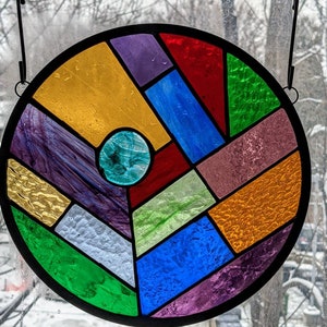 Multicolour stained glass hanging panel ~26.5 cm (~10&quot; ) diameter circle