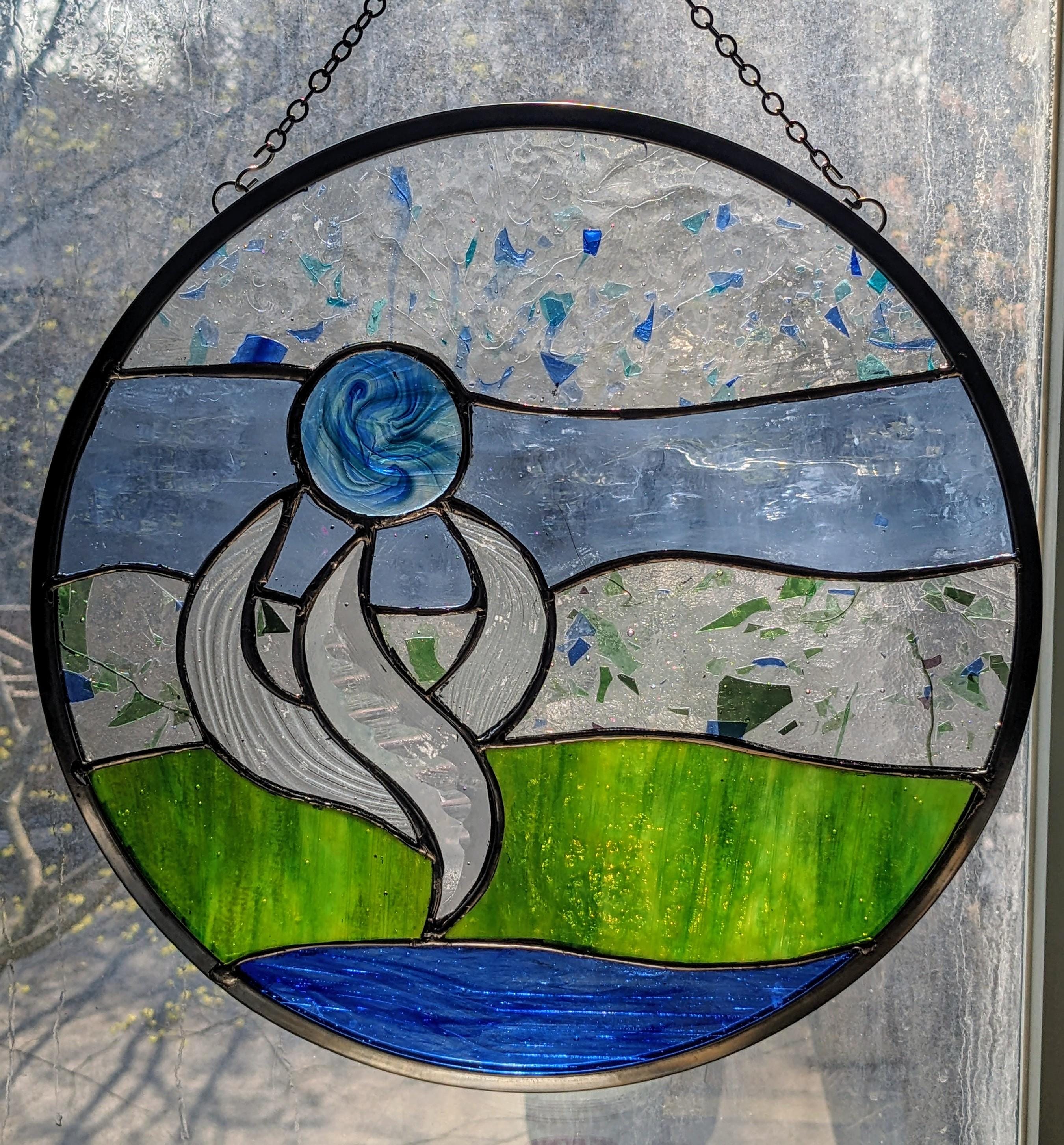 Blue Green Flower Stained Glass Hanging Panel 30 Cm (12