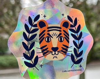 Rainbow Maker Tiger Window Cling | Cat Art | Rainbow Suncatcher | Tiger Art | Iridescent Art Decoration