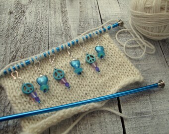 Translucent Turquoise Blue Glass Hearts and Peace Signs Stitch Markers - Easy release