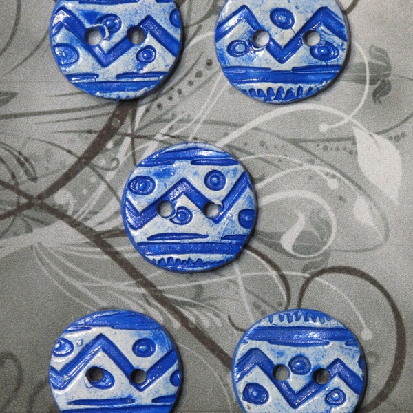 Buttons (5) Ceramic Round Button Set - Cobalt Blue Imprinted geometric patterned buttons