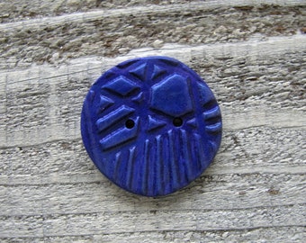 Button (1)Ceramic Textured Button 1 1/2" Diameter- Large Round shaped Button Blue w/Purple undertones-imprinted Geometric Design