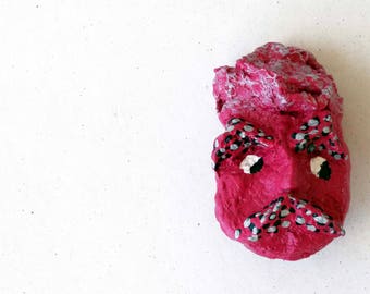 papier mache,brooch,free shipping,man,mustache,paper jewelry,fuchsia,black,grey,dots,art,paperpulp,paper mache jewelry,for her,gift,happy.