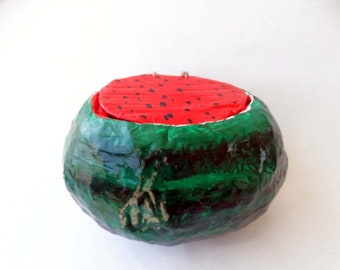 papier mache,watermelon bag,purse,free shipping,green,red,handmade,paper bag,strange bag,woman,impress,summerbag,uniquebag.