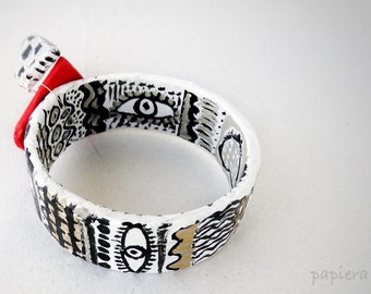 papier mache bracelet,bangle,free shipping,paper jewelry,eco friendly,red,black,white,heart,love,wonderland,hand painted,art jewel, bangle.