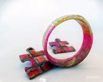 papier mache, sieraden set, gratis verzending, puzzel oorbellen, bangle, armband, roze, goud, papieren juwelen, vriendin cadeau, vrouw, voor haar, handgemaakt patroon