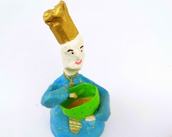papier mache,cook,free shipping,sweet,chef,gift,restaurant decor,blue,green,gold,hat for cooks,polka dots,man,bowl,kitchen,art,Sculpture.