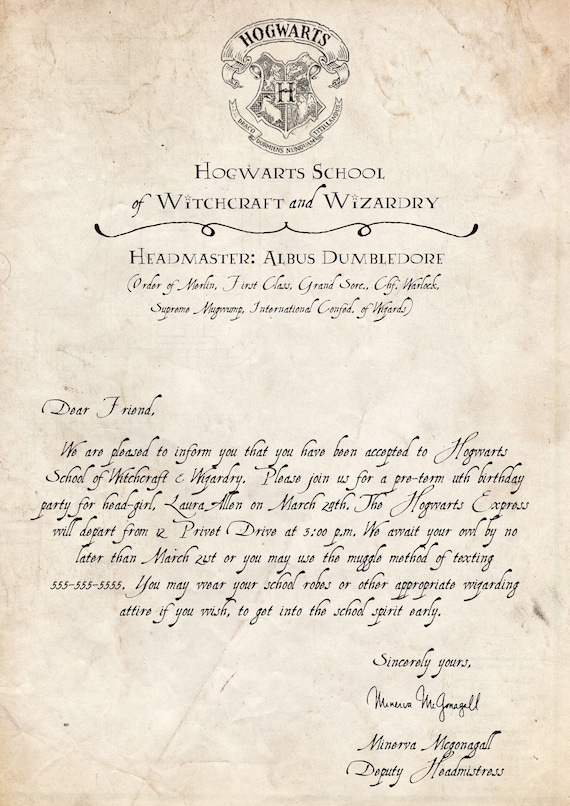 Harry Potter Party Invitation Template - Hogwarts Acceptance Letter