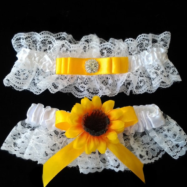 Sunflower Wedding garter,  bride garter,  country sunflower  white lace bow satin ribbon rhinestone pearl for wedding anniversary