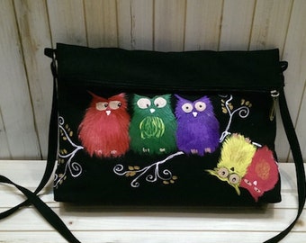 Handpainted shoulder bag with multicolored owls, fantasy, unique, original, handmade bag