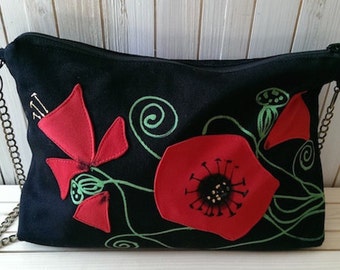 Apliqued romantic poppy flowers on black shoulder bag, chic summer spring bag, girlish, red black