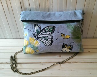 Romantic style hand painted butterflies, fabric bag gray