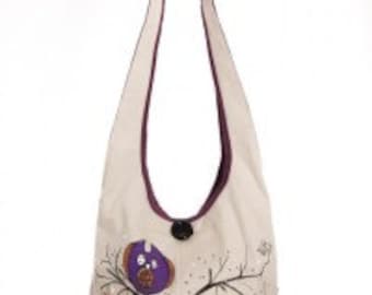 Mauve owls shoulder bag, fantasy handpainting, funny cute hippie bag, colorful, unique, original, handmade, girlish