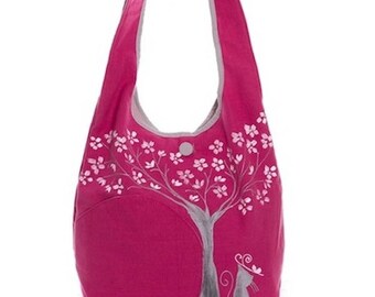 Cherry and cat shoulder bag, magenta, romantic style