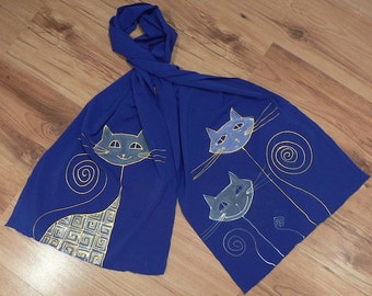 Handpainted dark blue scarf with geometric cats, fantasy, unique, original, handmade scarf