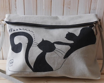 Handpainted shoulder bag with playful cats, fantasy, unique, original, handmade bag