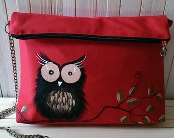 Handpainted shoulder bag with black owl on red tissue, fantasy, unique, original, handmade bag